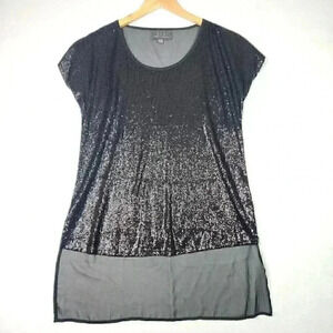 PJK Patterson J Kinkaid Womens Mini Sequined Blouse M Black Sheer Cap Sleeve USA